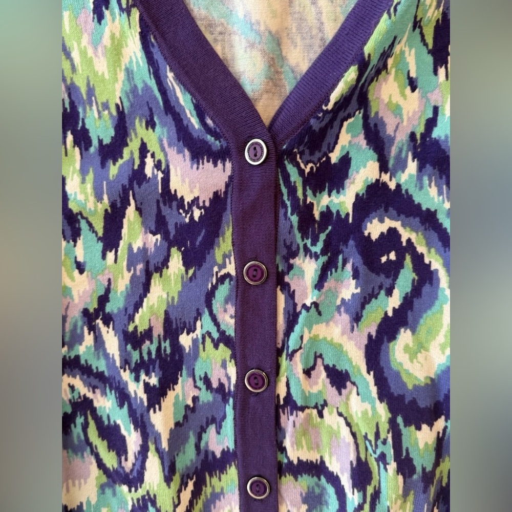 isaac Mizrahi Live Boyfriend V-Neck Cardigan 3XL Artisanal Print - Picture 4 of 4